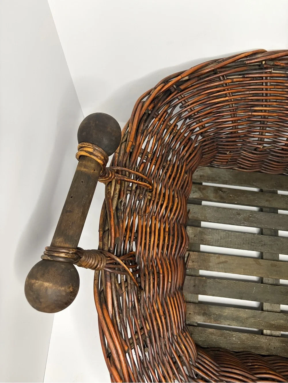 Large Wicker Willow Basket Turned Wood Handles Slat Bottom Rustic Farmhouse